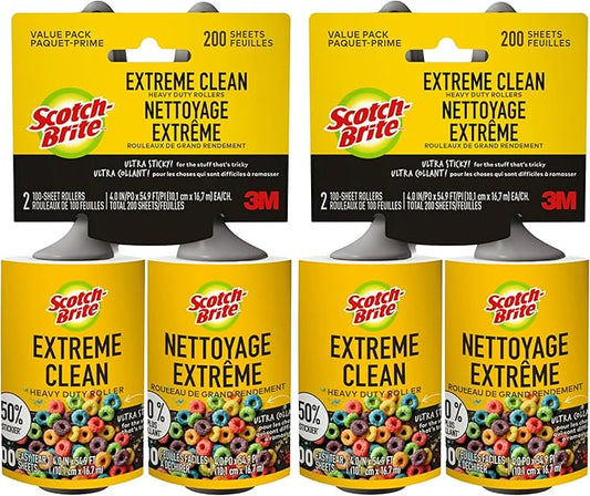 Scotch-Brite Extreme Clean Lint Roller, 50% Stickier, Heavy Duty Pet Hair and Debris Remover, 4 in x 54.9 ft Each, 4 Pack, 400 Easy Tear Sheets Total