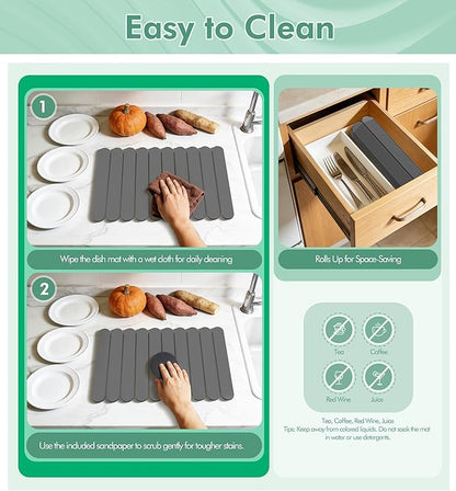 Large Stone Dish Drying Mat for Kitchen Counter, Quick Dry Diatomaceous Earth Stone Mat, Roll-Up Dish Mat for Dishes Bottles Cups, Super Absorbent & Non-Slip, 24"×16",Grey