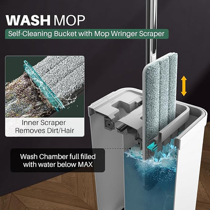 JOYMOOP Mop and Bucket with Wringer Set, White Flat Squeeze Bucket Set for Floor Cleaning, Wet Dry Wall Cleaner with Long Handle, Hardwood Floor Mop-3 Microfiber Cloths
