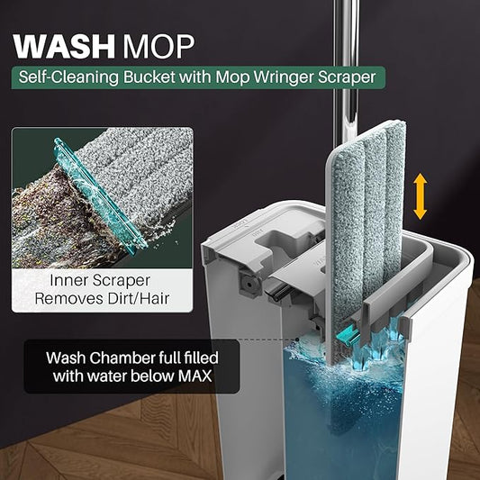 JOYMOOP Mop and Bucket with Wringer Set, White Flat Squeeze Bucket Set for Floor Cleaning, Wet Dry Wall Cleaner with Long Handle, Hardwood Floor Mop-3 Microfiber Cloths