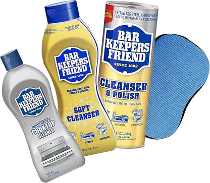 BAR KEEPERS FRIEND Cleanser Trio - Mega Bundle (21 Oz Cleanser and Polish Powder | 26 Oz Liquid Soft Cleanser | 13 Oz Cooktop Cleaner) Plus 1 Foxtrot Microfiber Towel and 1 Microfiber Scrubber Sponge