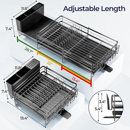 Large Dish Drying Rack, Expandable Dish Rack for Kitchen Counter, Upgraded Dish Drainer with Drainboard Set, Multifunctional Dishrack with Utensil Holder & Cup Holder, 13.4"-28.7" L x 11.8" W
