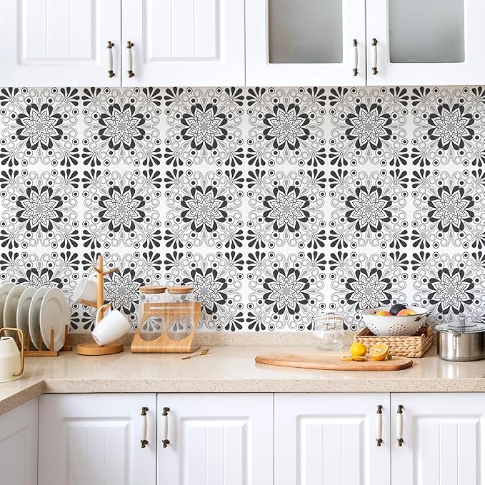 AM AMAONM 10pcs 20x20cm Removable Square Vintage Floral Pattern Tile Stickers 3D Decorative Peel and Stick Vinyl Self Adhesive Wall Tiles Decor Decals for Kitchen Backsplash Bathroom Furniture (B)