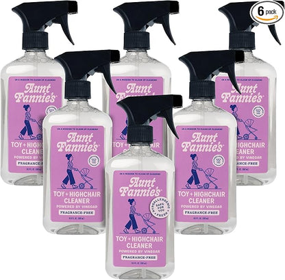 Aunt Fannie's Toy and Highchair Cleaner, Hypoallergenic, Multi-Purpose Spray Powered by Vinegar for Toys, High Chairs, Car Seats, Swings, Counters, and Other Hard Surfaces Fragrance Free, Pack of 6