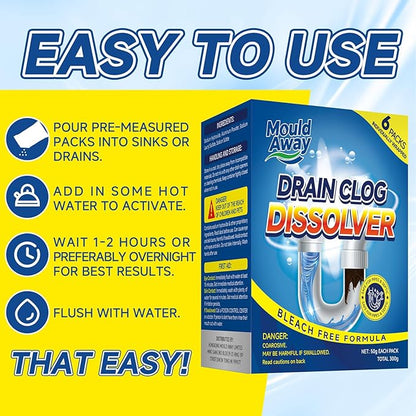 Drain Clog Remover for Sink & Shower, Dissolves Hair, Grease, Soap Scum & Paper, Powerful Bleach-Free Drain Cleaner Powder, 6 Pre-Measured Treatments for Bathroom & Kitchen