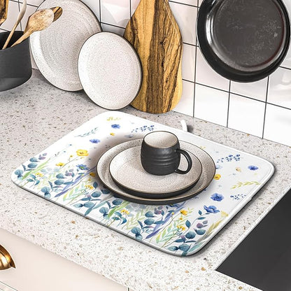Floral Dish Drying Mat for Kitchen Counter 18x16 Inch Yellow Purple Flower Drying Mat with Absorbent Reversible Microfiber Season Spring Dish Drainer Mats Rack Pad for Coffee Countertop Protector