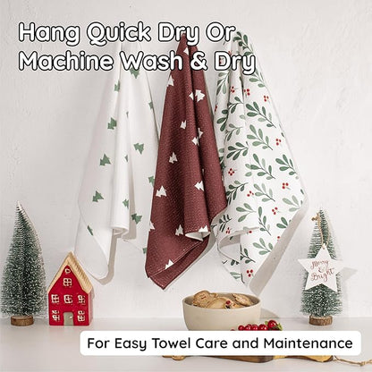 Christmas Kitchen Towels Set of 3 Mistletowed – Microfiber Waffle Weave Dish Towels 16x24, Super Absorbent & Lint-Free Holiday Kitchen Towels for Drying, Cleaning & Christmas Décor