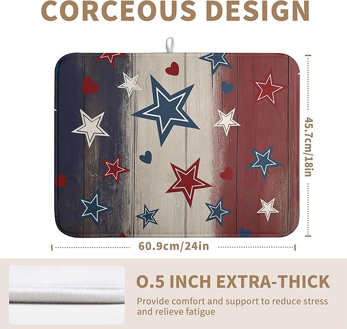Patriotic Stars Dish Drying Mats 4th of July Dish Mat Blue Red Heart Drying Matt Dishes Dryer Pad for Kitchen Counter Absorbent Microfiber Washable Foldable Reusable 18x24 in