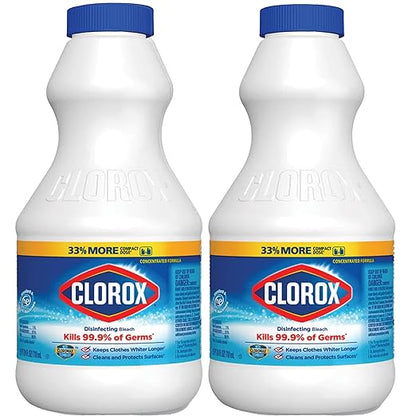 Clorox Regular Disinfecting Bleach Cleaner, 2 Pack Concentrated Liquid Bleach, Removes Mold, Mildew and Stains, Whitens, for Multi Purpose Cleaning and Laundry, 24 oz Bottles