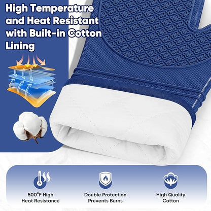 Silicone Oven Mitts, Heat Resistant Oven Gloves with Quilted Liner, Waterproof & Non-Slip Kitchen Mittens for Baking Cooking BBQ, 500°F, 12.5"-Madnight Blue