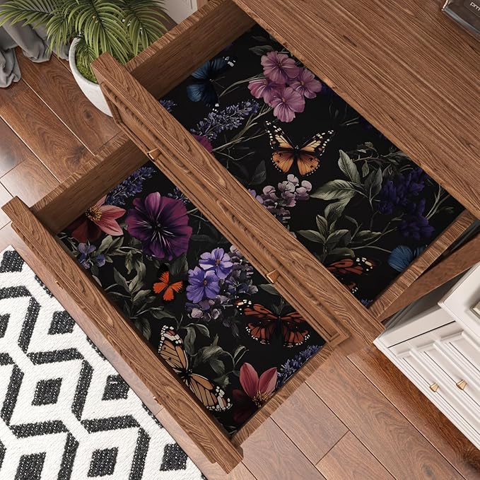 Vintage Floarl Butterfly Wallpaper Peelable, Dark Black Flower Design Self Adhesive Removable Wall Paper for Bedroom Cabinet Kitchen, Vinyl Gothic Contact Paper 17.5In x 118In Dark Colorful