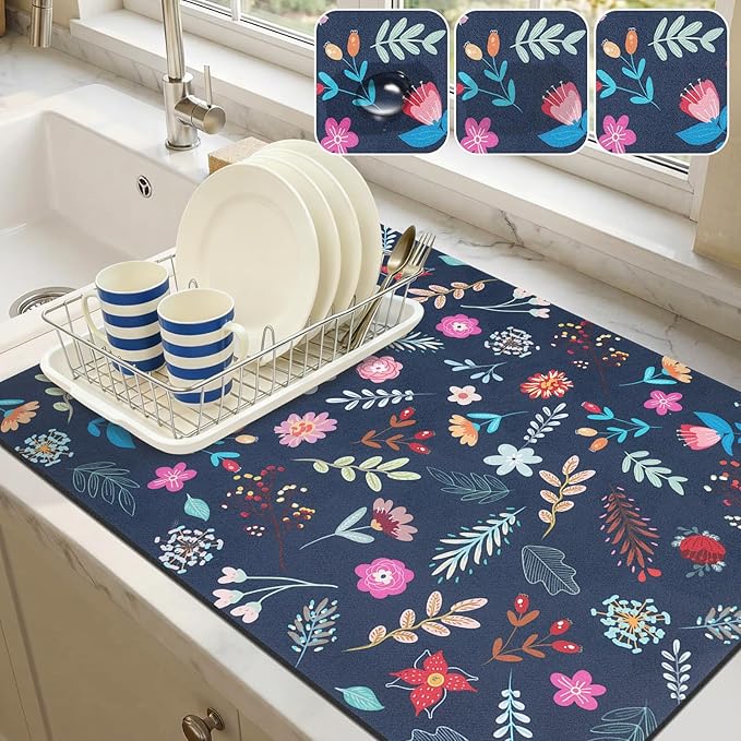 LOKHOM Dish Drying Mat for Kitchen Counter, 18"x24" Absorbent Coffee Bar Mat with Colorful Floral, Vintage Dish Drainer Rack Mat