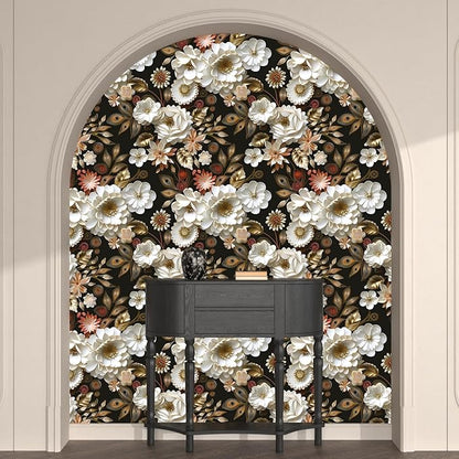 Vintage Wallpaper Peel and Stick Dark Floral Contact Paper 17.5in x 118in White Gold Flower Wallpaper Vinyl Waterproof Self Adhesive Boho Leaf Botanical Wall Paper for Bedroom Cabinet Table Decoration