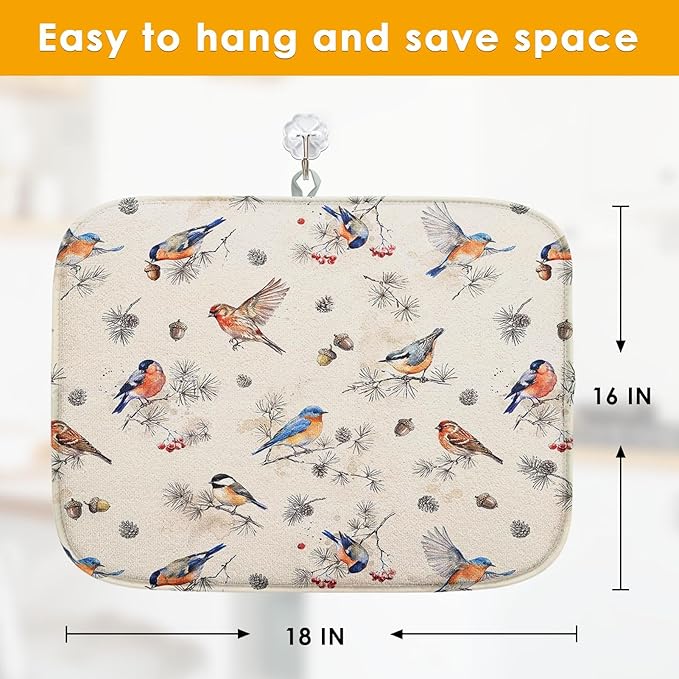 Sanwarm Absorbent Dish Drying Mat, Vintage Birds Watercolor Cute Floral Microfiber Pad for Kitchen Counter, Coffee Bar Decor, Heat Resistant and Reversible, 16" x 18"