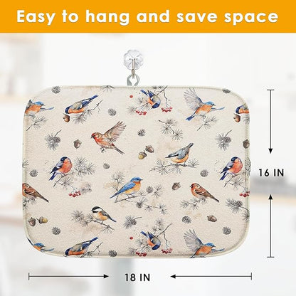 Sanwarm Absorbent Dish Drying Mat, Vintage Birds Watercolor Cute Floral Microfiber Pad for Kitchen Counter, Coffee Bar Decor, Heat Resistant and Reversible, 16" x 18"