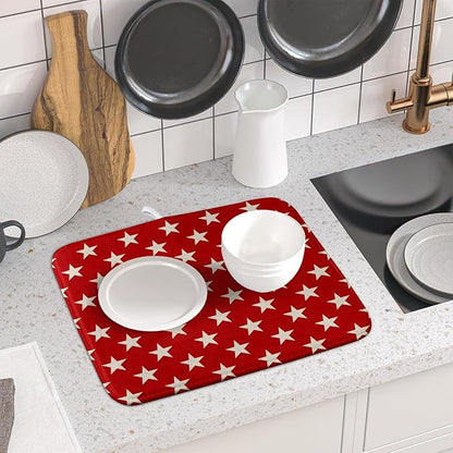 Patriotic July of 4th Red Star Dish Drying Mat for Kitchen Counter 16x18 Memorial Independence Day Absorbent Reversible Microfiber Drying Mats Kitchen Countertop Protector Dishes Drainer Rack Pad