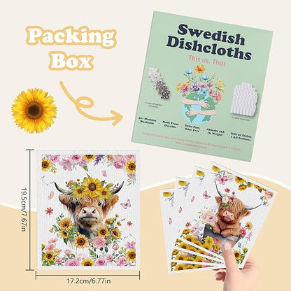 Swedish Dishcloths for Kitchen, 6 Pack Sunflower Highland Cow Swedish Dish Cloths for Washing Dishes, Reusable Washable Absorbent Dish Towels for Home Kitchen Cleaning Quick Drying