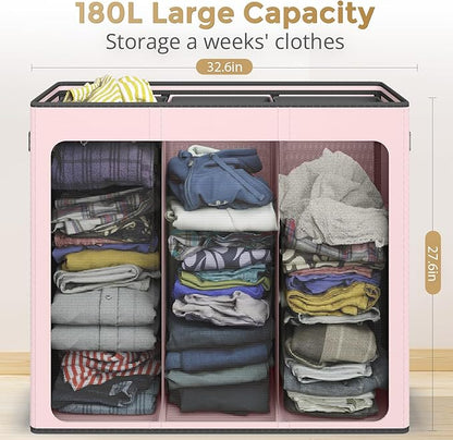 180L Laundry Hamper 3 Section, Large Laundry Basket with Lid, Laundry Basket Organizer with Handles, Pink Divided Laundry Baskets, Clothes Hampers for Nursery, Bedroom, Bathroom