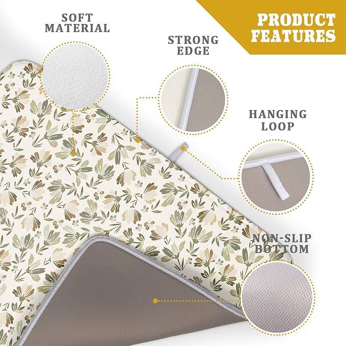 Spring Summer Daisy Floral Leaf Dish Drying Pad 18 x 24 Inch With Absorbent Reversible Microfiber Green Brown Leaves Flowers Drying Mats Dish Drainer Mat Fast Dry For Kitchen Dining Room Decoration