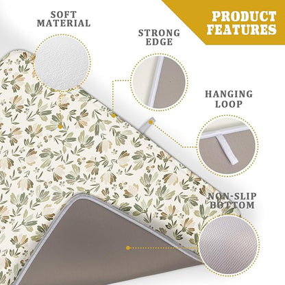 Spring Summer Daisy Floral Leaf Dish Drying Pad 18 x 24 Inch With Absorbent Reversible Microfiber Green Brown Leaves Flowers Drying Mats Dish Drainer Mat Fast Dry For Kitchen Dining Room Decoration