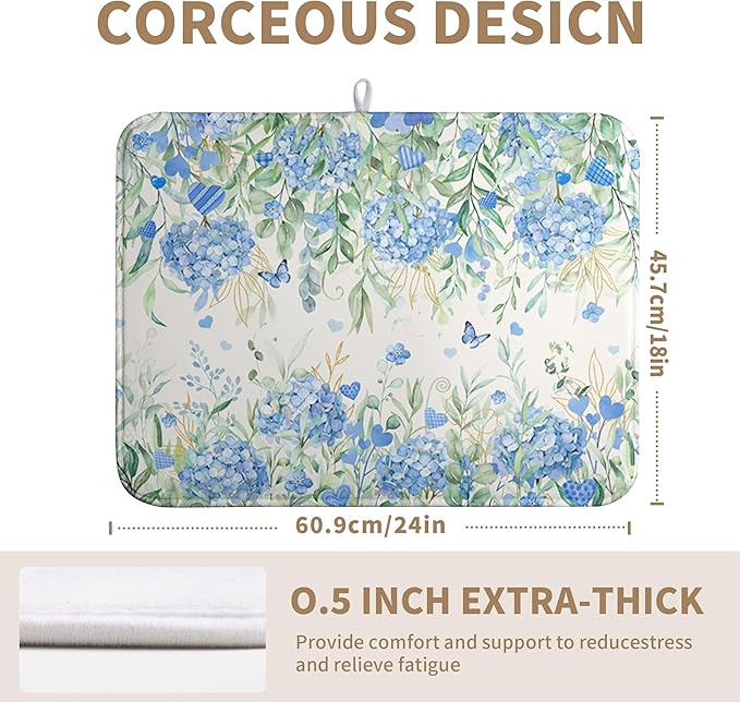 Blue Hydrangea Floral Dish Drying Mat for Kitchen Counter Spring Butterfly Flower Drainer Mat Absorbent Reversible Microfiber Heat Resistant Dry Pad Reusable Washable Dishes Pad 18x24 Inch