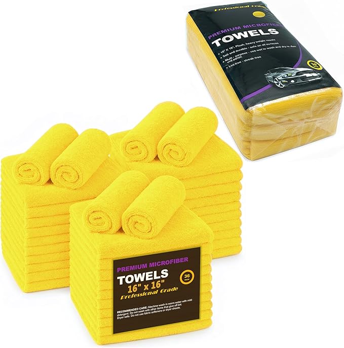 Yellow Microfiber Cleaning Towels, 36-Pack Dual-Sided Ultra Soft Plush Washcloth, Professional Grade Premium Microfiber Detailing Cleaning Cloths, Car, Household and Commercial (Yellow, 16" x 16")