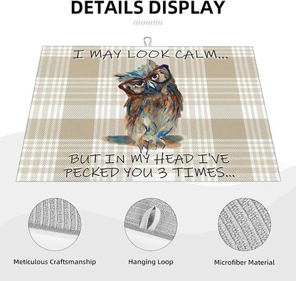 Kitchen Drying Mat Funny Owl Dish Drainer Mat for Kitchen Counter Microfiber Absorbent Reusable Washable 18x24 Inch Home Holiday Decor Cute Buffalo Plaid Drying Pad
