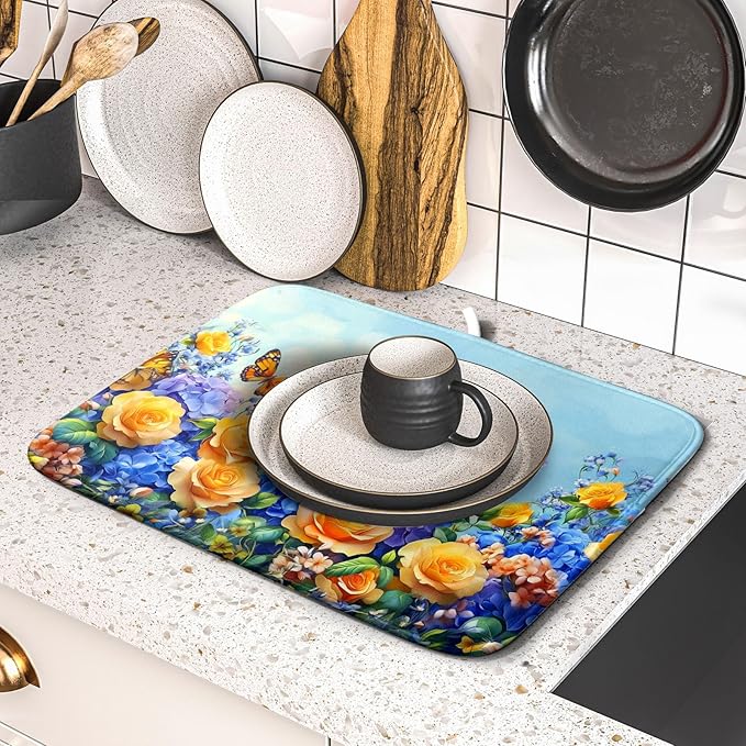 Spring Blue Yellow Hydrangeas Flowers Dish Drying Mat for Kitchen Counter,Colorful Butterflies Flying Drying Mat 16 x 18 Inch with High Absorbent Microfiber Drainer Mat for Coffee Bar