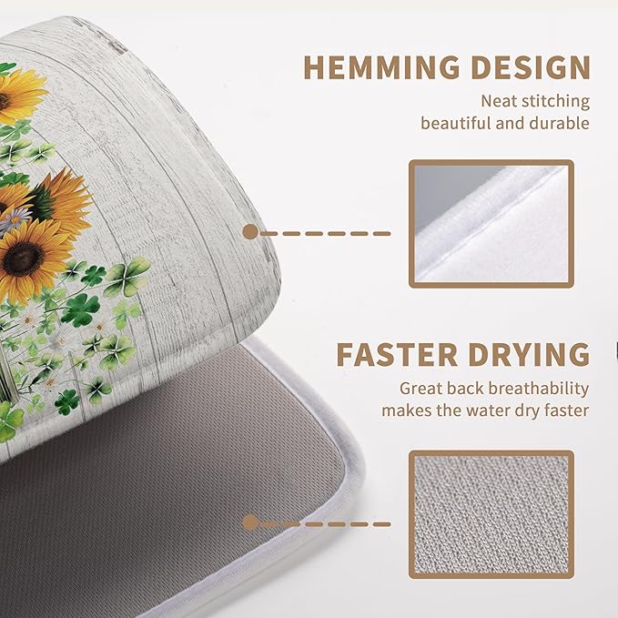 St Patricks Day Shamrock Dish Drying Mats St Patrick's Day Spring Dish Mat Sunflowers Drying Matt Dishes Dryer Pad for Kitchen Counter Absorbent Microfiber Washable Foldable Reusable 18x24 in