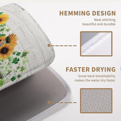 St Patricks Day Shamrock Dish Drying Mats St Patrick's Day Spring Dish Mat Sunflowers Drying Matt Dishes Dryer Pad for Kitchen Counter Absorbent Microfiber Washable Foldable Reusable 18x24 in