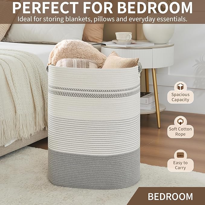 Laundry Basket with Handles - Blanket Basket & Hampers for Bedroom Aesthetic, Laundry Hamper & Blanket Storage for Living Room, Clothes Hamper, Tall, Large 17" x 14" x 22”, Grey