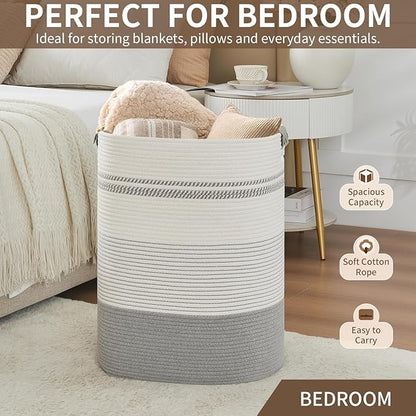 Laundry Basket with Handles - Blanket Basket & Hampers for Bedroom Aesthetic, Laundry Hamper & Blanket Storage for Living Room, Clothes Hamper, Tall, Large 17" x 14" x 22”, Grey