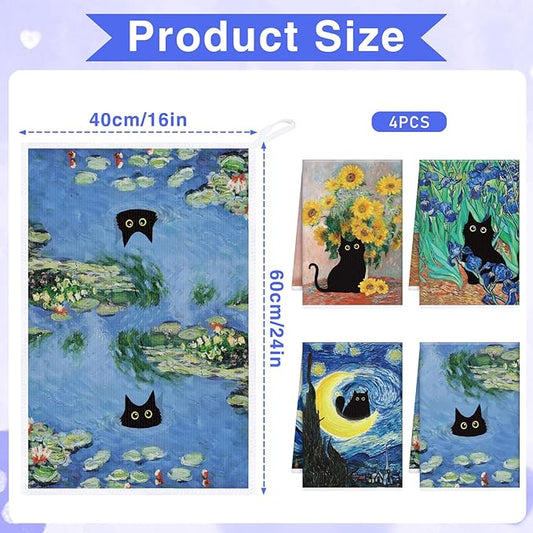 Black Cat Kitchen Towels, 4PCS Oil Painting Dish Towels for Cooking Cleaning, Absorbent Aesthetic Decorative Tea Towel with Hanging Loop for Home Kitchen(16 X 24 Inches)