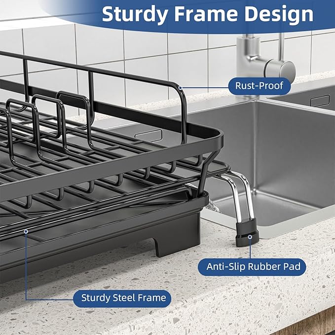 Expandable Dish Drying Rack,Rust-Proof Metal Dish Racks for Kitchen Counter with 360° Swivel Drain Spout,Space-Saving Dish Drainer with Utensil Holder for Small Apartment & Home Organization