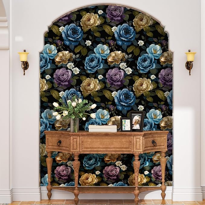 Fvlow Watercolor Wallpaper Peel and Stick, Vintage Large Floral Contact Paper Waterproof Self-Adhesive Dark Flower Wall Paper for Bedroom Countertop Desk Cabinets Decor 17.4" x 118" Renter Friendly