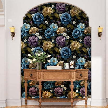 Fvlow Watercolor Wallpaper Peel and Stick, Vintage Large Floral Contact Paper Waterproof Self-Adhesive Dark Flower Wall Paper for Bedroom Countertop Desk Cabinets Decor 17.4" x 118" Renter Friendly