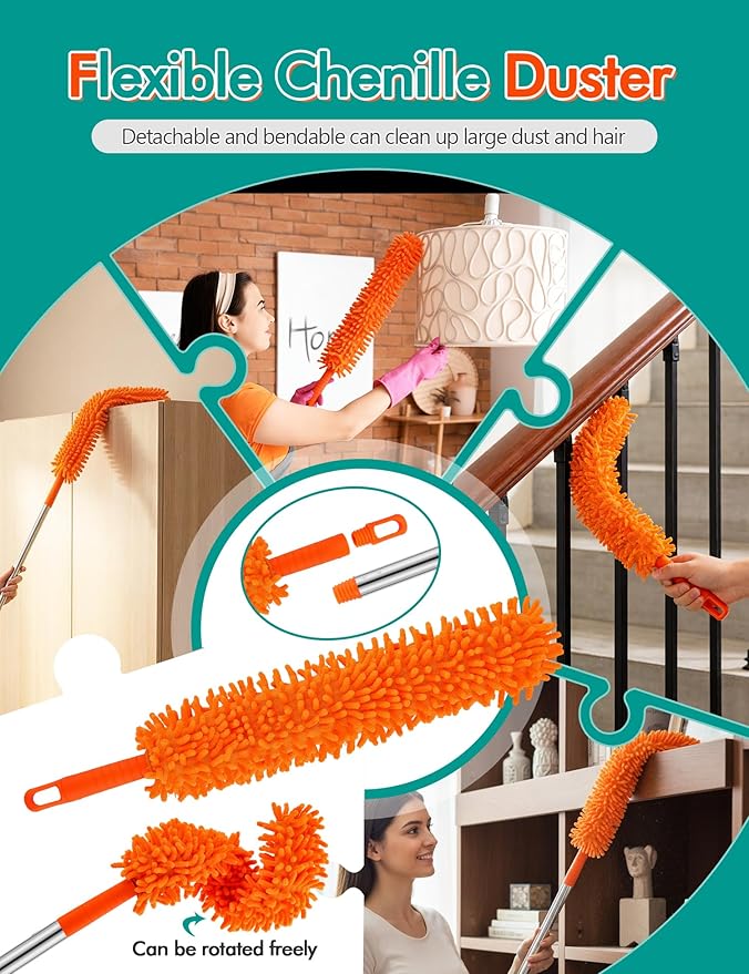 Ceiling Fan Cleaner Duster with 76" Extendable Long Handle,180° Wall Mop Cleaner for Walls/Ceiling Fan/Dust/Baseboard/Floor/Blade Blinds/Doors Clean,Feather Duster Cleaning Kit