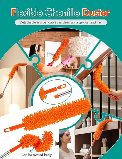 Ceiling Fan Cleaner Duster with 76" Extendable Long Handle,180° Wall Mop Cleaner for Walls/Ceiling Fan/Dust/Baseboard/Floor/Blade Blinds/Doors Clean,Feather Duster Cleaning Kit