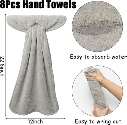 R HORSE 8Pcs Hanging Hand Towel with Loop, Grey Absorbent Coral Fleece Bathroom Hand Towel, Soft Thick Dish Cloth Decorative Quick Drying Dish Cloth, Washcloth for Kitchen Bathroom