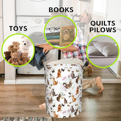 Laundry Basket Cats and Butterflies Laundry Basket Oxford Cloth Laundry Hamper Large Storage Baskets Toy Organizer Tote Bag For Bedroom Clothes Bathroom 17.3(H) x16.5(D) Inch