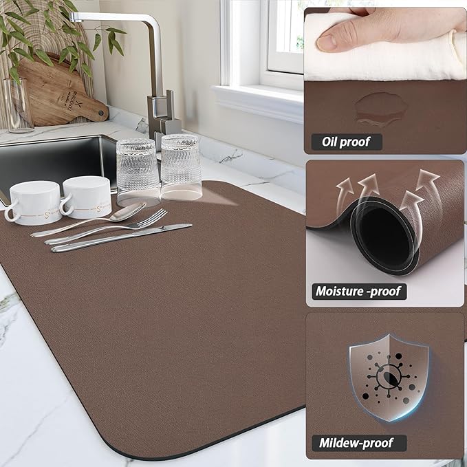 HotLive Dish Drying Mat for Kitchen Counter, Heat Resistant Drainer Mats with Non-slip Rubber Backed, Hide Stain Kitchen Super Absorbent Draining Mat, Easy to Clean Dish Rack Pad, Brown 16"x18"