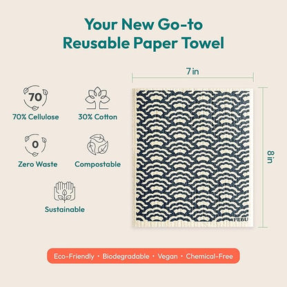 FEBU Swedish Dishcloths for Kitchen | 5 Pack Eastern Reusable Paper Towels Washable | Swedish Dish Towels | Non-Scratch Cellulose Sponge Cloths | No Odor, Biodegradable Cleaning Cloths