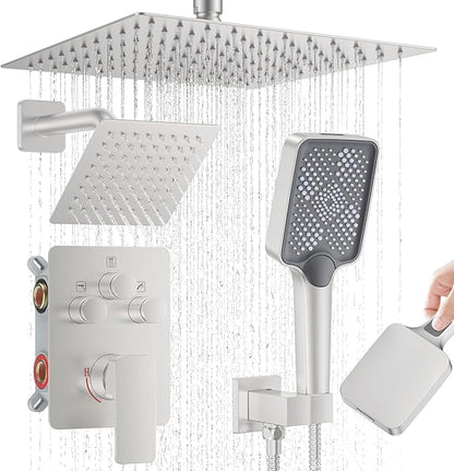 Shower Faucet Set,Brushed Nickel Push Button Shower System with Rain Shower and Handheld,Brushed Shower Faucet with Valve Ceiling Mount 12 Inch Shower Head and 6 Inch Shower Head with Handheld