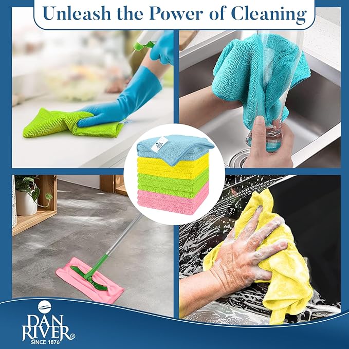 DAN RIVER 24-Pack Microfiber Towels – Ultra Absorbent, Lint-Free & Streak-Free Rags for Cleaning House, Car & Kitchen - Must-Have Cleaning Essentials - 12" x 12" - Assorted