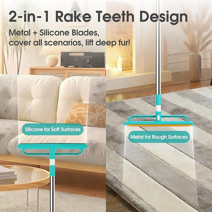 Carpet Rake for Pet Hair Removal, 2 in 1 Silicone and Copper Rake Teeth Carpet Rake with 59” Adjustable Long Handle, Reusable Pet Hair Remover Tool Kit with Carpet Scraper and Glove