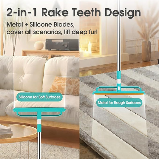 Carpet Rake for Pet Hair Removal, 2 in 1 Silicone and Copper Rake Teeth Carpet Rake with 59” Adjustable Long Handle, Reusable Pet Hair Remover Tool Kit with Carpet Scraper and Glove
