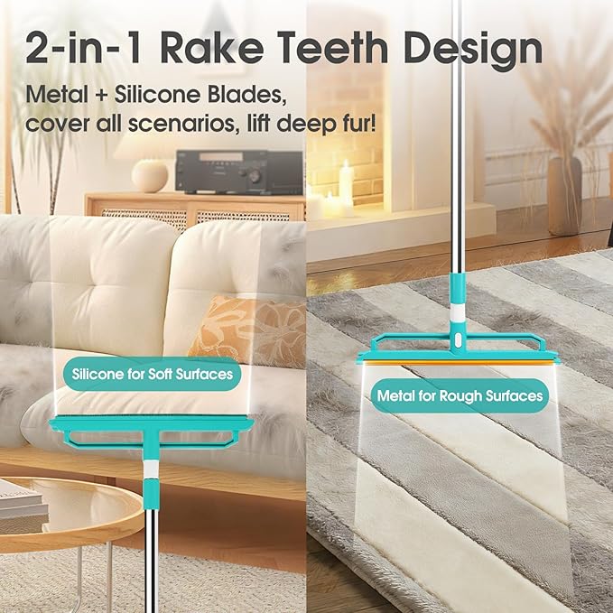 2-in-1 Carpet Rake for Pet Hair Removal, Silicone & Metal Dual-Sided Carpet Rake with 52” Telescopic Adjustable Long Handle, Pet Hair Remover Tool Kit for Rugs/Mats/Sofa Cat Dog Hair