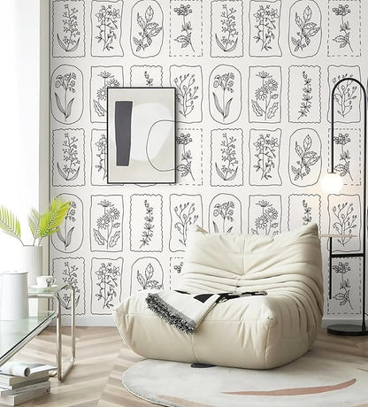 Guvana Peel and Stick Wallpaper Black and White Floral Farmhouse Removable Wallpaper for Bedroom Renter Friendly 16.14"×196" Modern Geometric Contact Paper