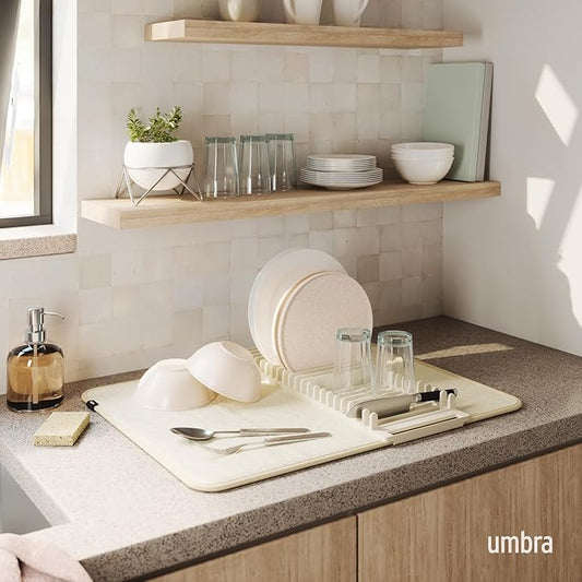 Umbra Udry Dish Rack and Microfiber Drying Mat – Space-Saving Design Folds Up for Easy Storage, Basic Rack, Linen