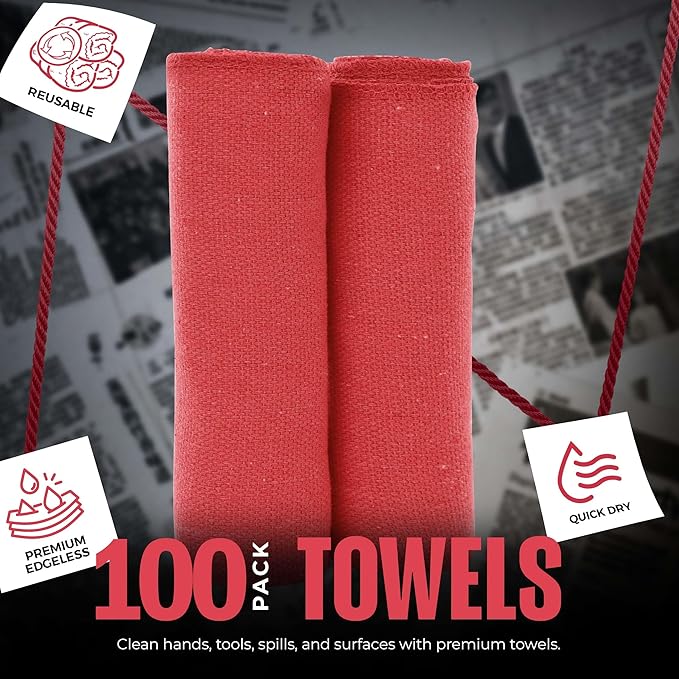 Utopia Towels Cotton Shop Towels 12x14 Inch, 100 Pack Soft, Absorbent Reusable Cotton Rags, Durable and Multipurpose Cleaning Shop Towel for Auto, Garage, Bar, & Home Cleaning (Red)